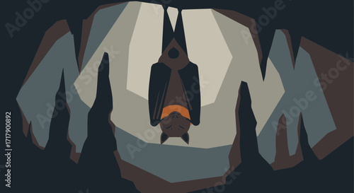 Resting Bat In Cave, Vector Illustration Depicting Speleology, Night, And Wildlife Subject