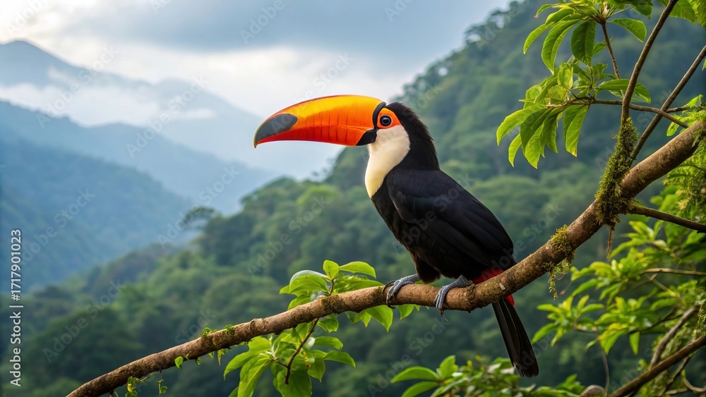 Fototapeta premium Single toucan perched gracefully on a branch, surrounded by lush green forest foliage on mountain background