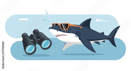 Shark Wearing Trend Sunglasses Underwater Looking Through Binoculars in Marine Waters