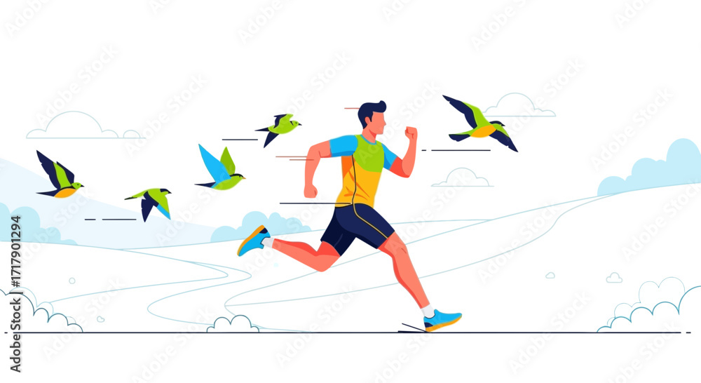 Fototapeta premium Running Man Chasing Abstract Colorful Birds, Exercise Concept for Stock Photos