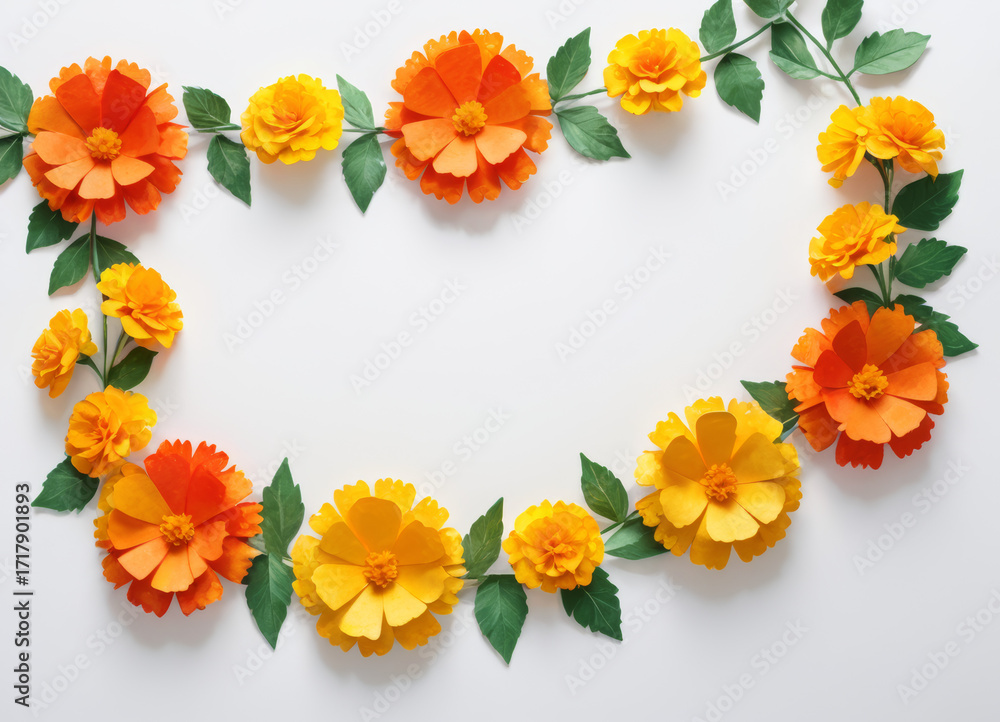 Fototapeta premium Bright orange and yellow paper flowers isolated on white background, arranged in a decorative frame to create a creative design.