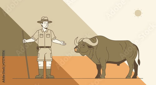 Safari Guide Showing Buffalo, Artistic Illustration of African Wildlife Depicted