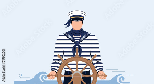 Sailor Piloting Vessel Steering Wheel Against Gentle Waves with a Clear Background