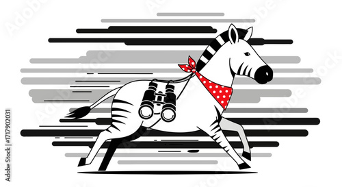 Safari Zebra Ready For Adventure, Equipped With Binoculars, Stylish Red Bandana, and Motion Lines