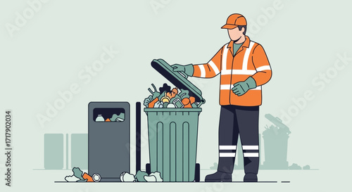 Sanitation Worker Collecting Waste: Environmental Protection and Urban Cleanliness Illustration