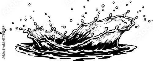 Ink drawing of water splash with droplets in black and white illustration. Vector illustration