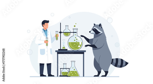 Scientist And Curious Raccoon Exploring Magical Chemical Reaction In Laboratory