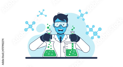 Scientist Conducting Experiment in Laboratory with Flasks and Molecular Structures