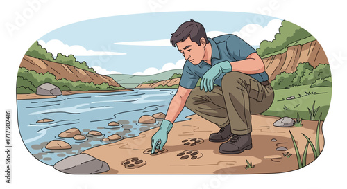 Scientist Examines Animal Tracks Beside River Tracking Environmental Impact Diligently
