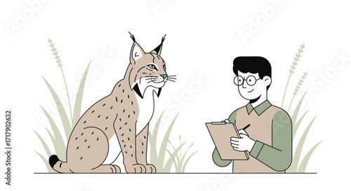 Scientist Observes Wild Cat in Nature, Illustrating Wildlife Study and Conservation Efforts