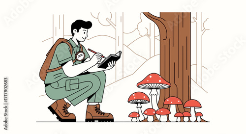 Scientist Observing Fungi In Forest Scene With Detailed Hand Drawn Illustrated Style