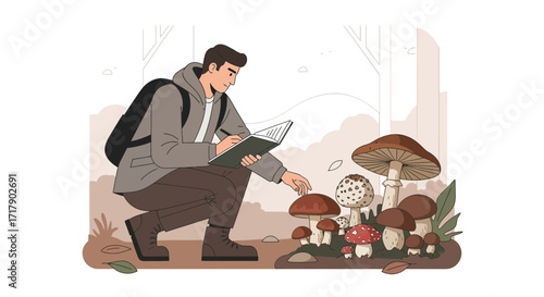 Scientist Observing Fungi in Forest, Documenting Variations and Natural Ecosystem Elements