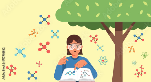Scientist Studying Molecular Structures Beneath a Tree with Cartoonish Illustrations