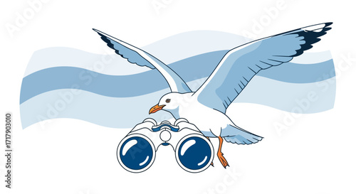 Seagull Soaring Above The Binoculars Depicting Exploration And Observation