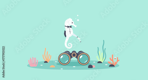 Seahorse Dressed Elegant Looks With Binoculars On The Ocean Floor Illustration