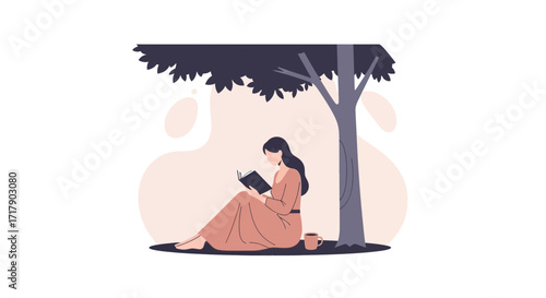 Seated Lady Reading Underneath a Shaded Tree Enjoying Pure, Peaceful Moments of Solitude