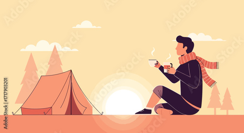 Serene Campfire Moment Depicts Individual Enjoying Beverages In The Late Afternoon Sunlight