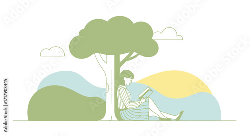 Serene Illustrator Presents A Woman Reading Beneath A Shaded Tree On A Sunny Day