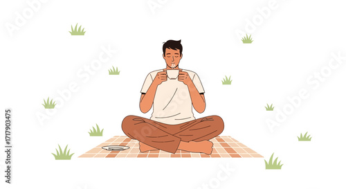 Serene Meditation: A Man Enjoying Tea Outdoors, Finding Peace and Tranquility