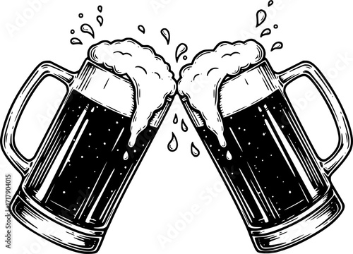 Two frothy beer mugs clinking with splashes in black and white illustration. Vector illustration