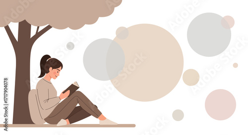 Serene Reading Underneath the Shade of a Tree Depicting Peace and Tranquility
