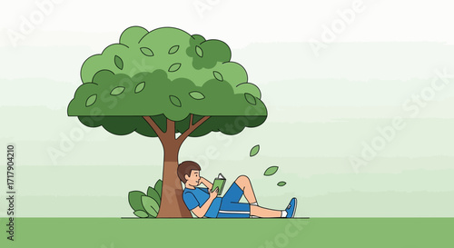 Serene Scene Of A Person Reading Under Shade Of Big Tree For Relaxation and Peace