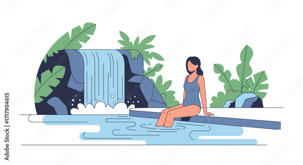 Fototapeta premium Serene Woman Enjoying The Refreshing Water In Front Of Waterfall For Relaxation Or Spa