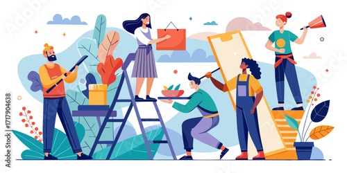 Diverse team of people working together on a creative project with tools and plants