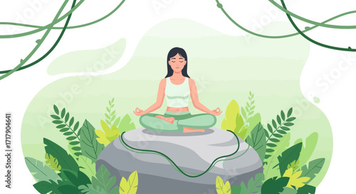 Serene Woman in Lotus Pose Meditating Amidst Lush Foliage and a Tranquil Green Ambiance