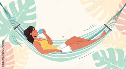 Serene Woman Resting, Drinking Beverage, Relaxing in Hammock with Tropical Foliage