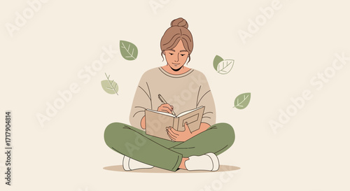 Serene Writer Composes, Meditating In Nature, Journal In Hand, Thoughts Flow Freely