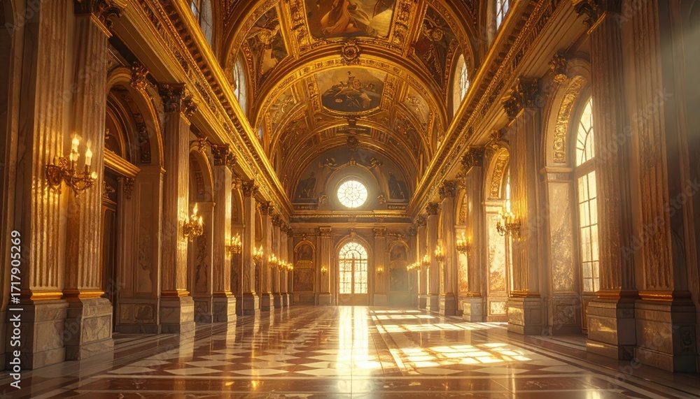 Obraz premium Opulent Golden Hall with Intricate Ornamentation, Dramatic Light Beams, Classic Architecture, Sparkling Details, and Luxurious Interior