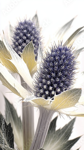 Beautiful purple and white thistle flowers bloom with intricate details and textures in a bright, softly lit background