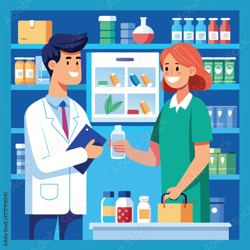 Pharmacy scene with employee assisting customer
