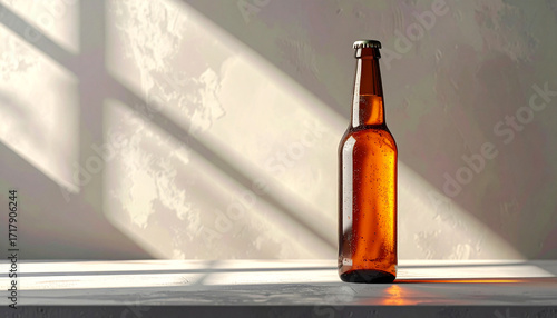 brown beer bottle with condensation, glowing in warm sunlight, casting soft shadows on textured wall, refreshing, simple yet elegant beverage concept