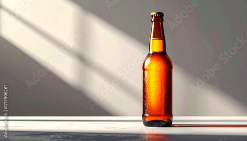 brown beer bottle with condensation, glowing in warm sunlight, casting soft shadows on textured wall, refreshing, simple yet elegant beverage concept