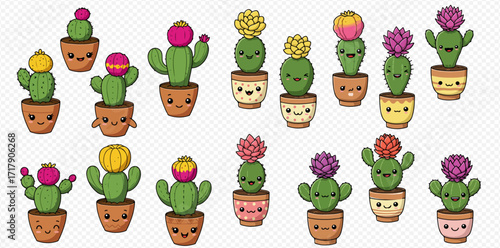 Collection of cute cartoon cacti with colorful flowers in decorative pots, each with unique facial expressions.