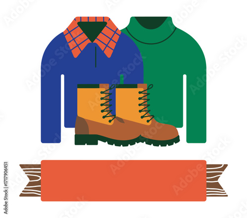 Blue shirt green sweater orange boots and red banner clothing apparel
