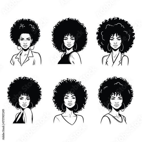 Diverse black women hairstyles afro art collection realistic portraiture line drawing silhouette