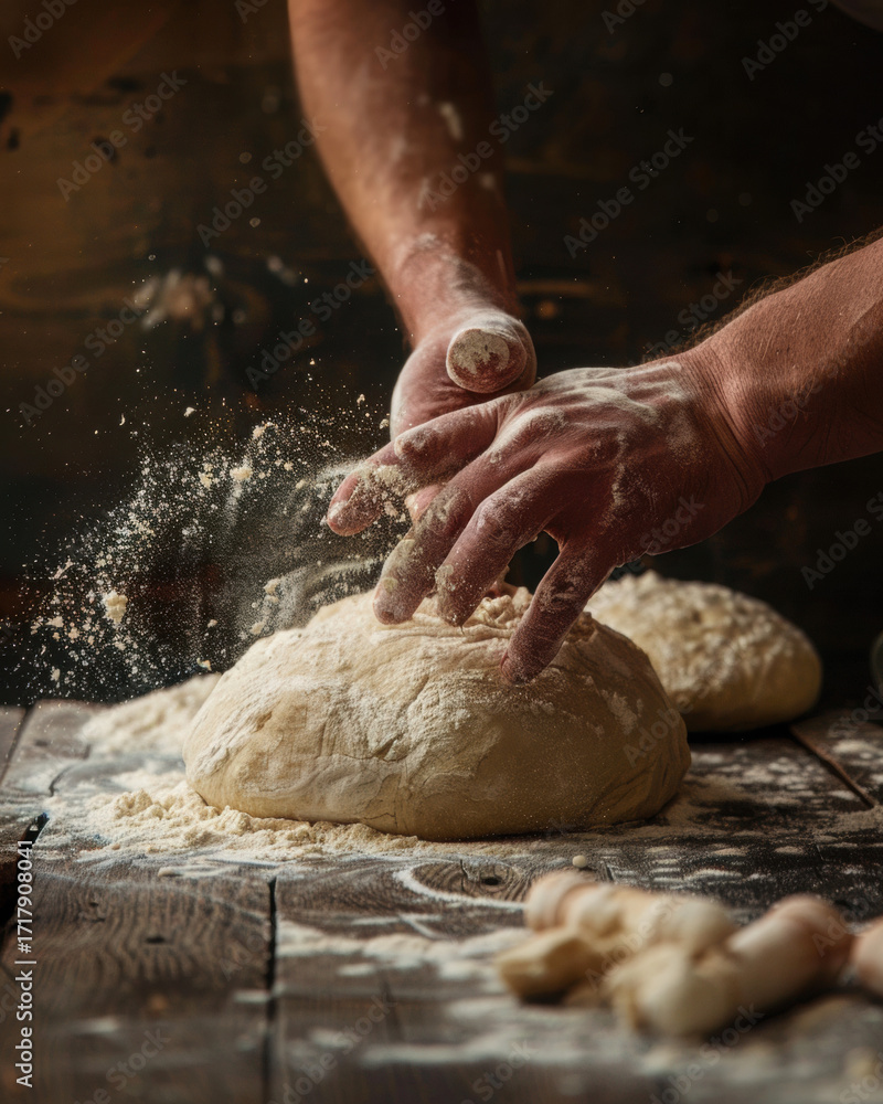 Obraz premium hands kneading dough on wooden table, rustic kitchen setting, warm lighting, high detail food photography