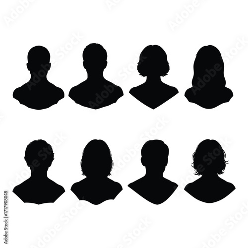 Diverse silhouette busts representing people portraits for profiles and avatars silhouette