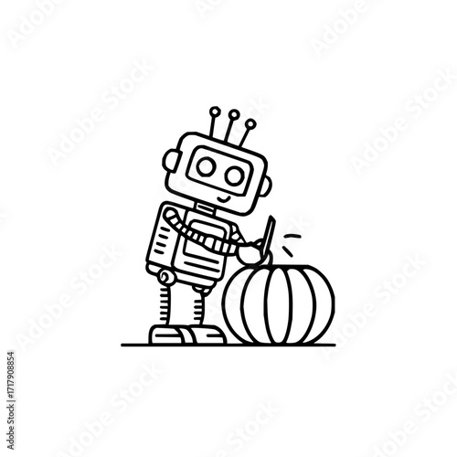Robot carving pumpkin halloween automation ai technology artificial intelligence spooky season illustration