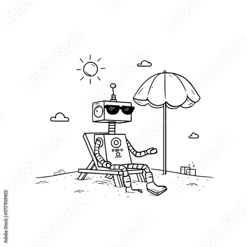 Robot beach relaxation summer vacation sun umbrella sunglasses drawing doodle illustration cartoon vector art