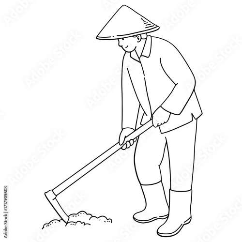 Farmer hoeing the ground