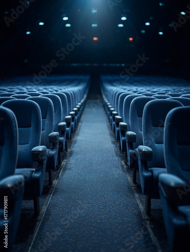 Rows of empty theater seats illuminated by soft blue lights in a quiet cinema space