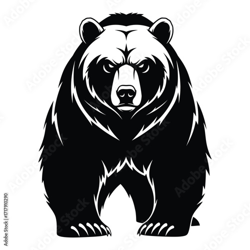 Fierce grizzly bear portrait detailed black and white image for t-shirts and apparel silhouette
