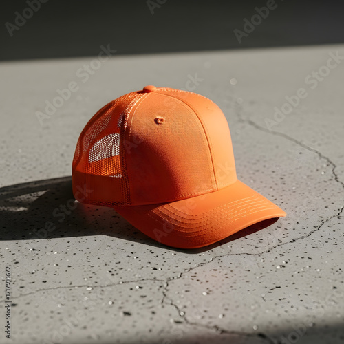 Orange Trucker Hat Mockup on Concrete Floor