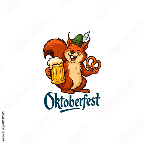 A cheerful squirrel holding a beer mug and pretzel celebrates Oktoberfest.