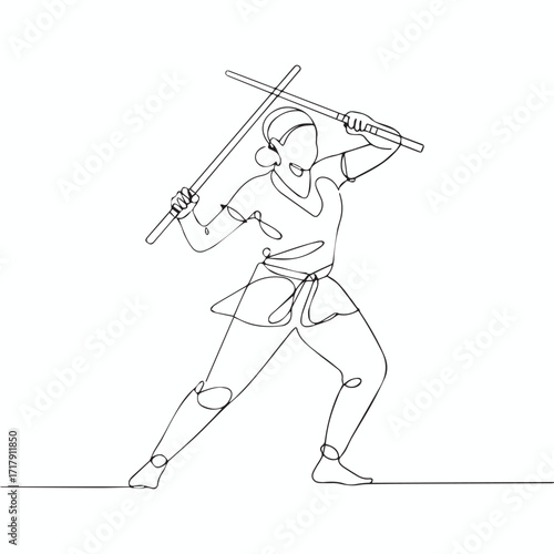 Continuous Simple black line art drawing of a Samurai in a minimalist style on a white background.