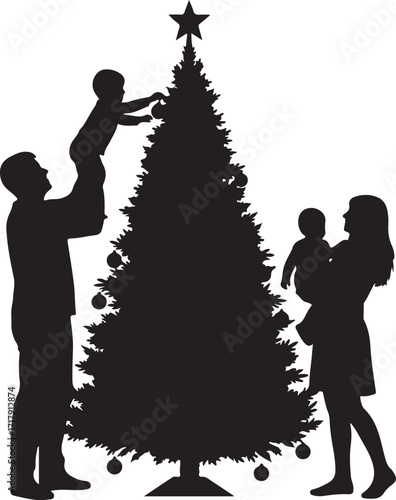 Solid black silhouette family decorating Christmas tree